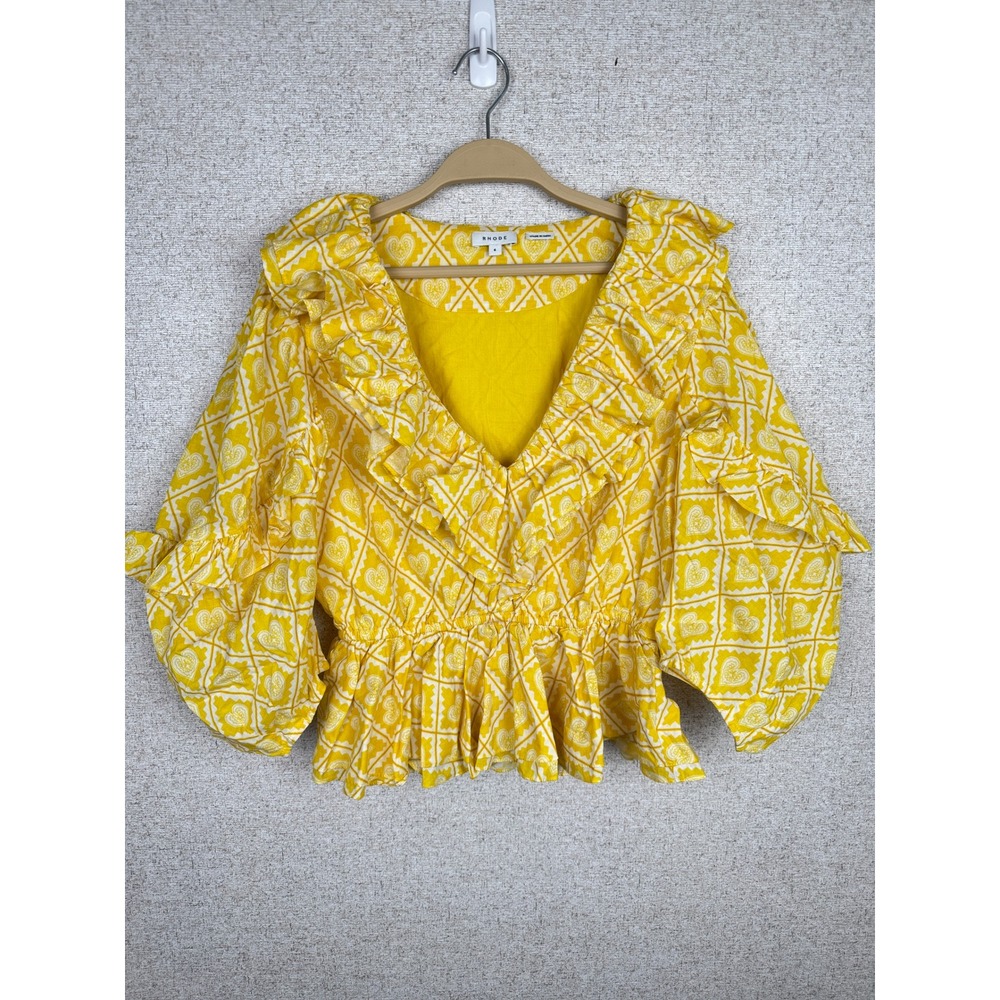 RHODE Yellow Heart Print Ruffle Peplum Blouse V-Neck Puff Sleeve Cotton Sz 6